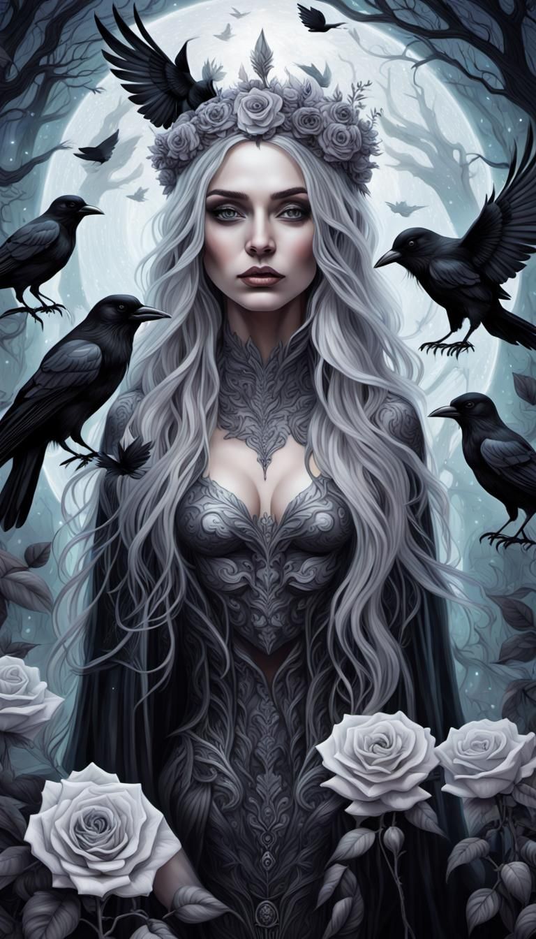 Dark Queen in Eerie Forest with Crows, Astral Illustration