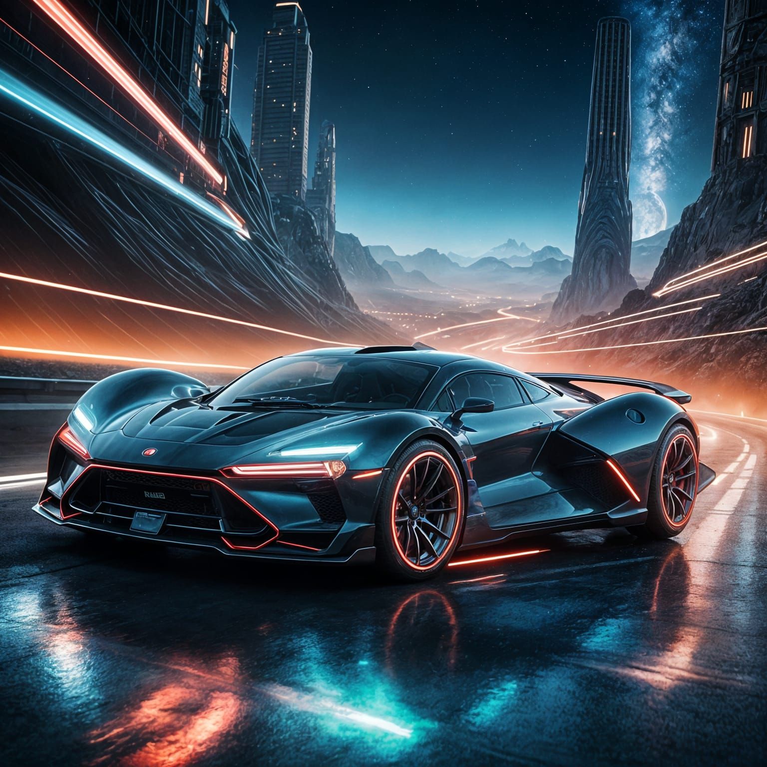 Elegant Futuristic Car Flies Over a Galactic Highway