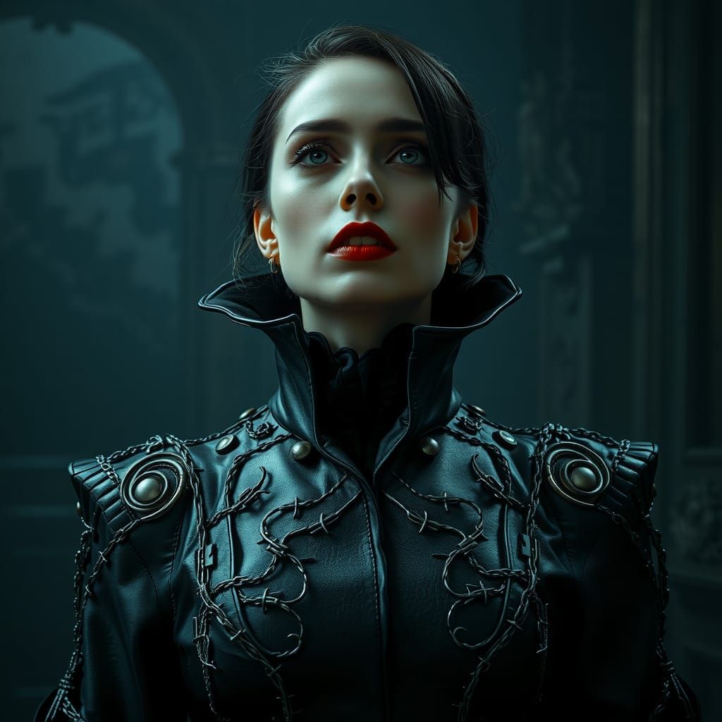 Gothic Vampire in Ornate Leather Gown
