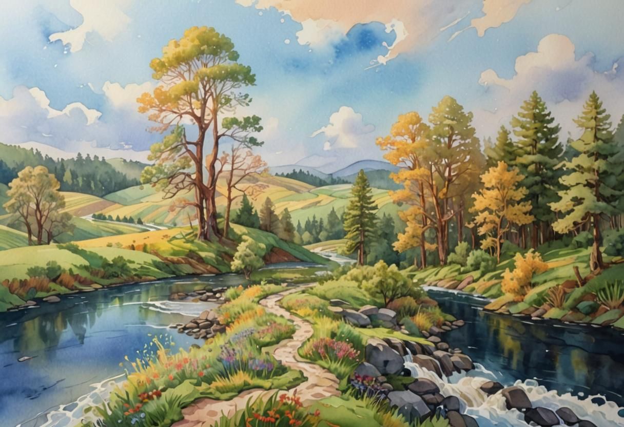 Vibrant Watercolor River Scene with Dreamy Shading