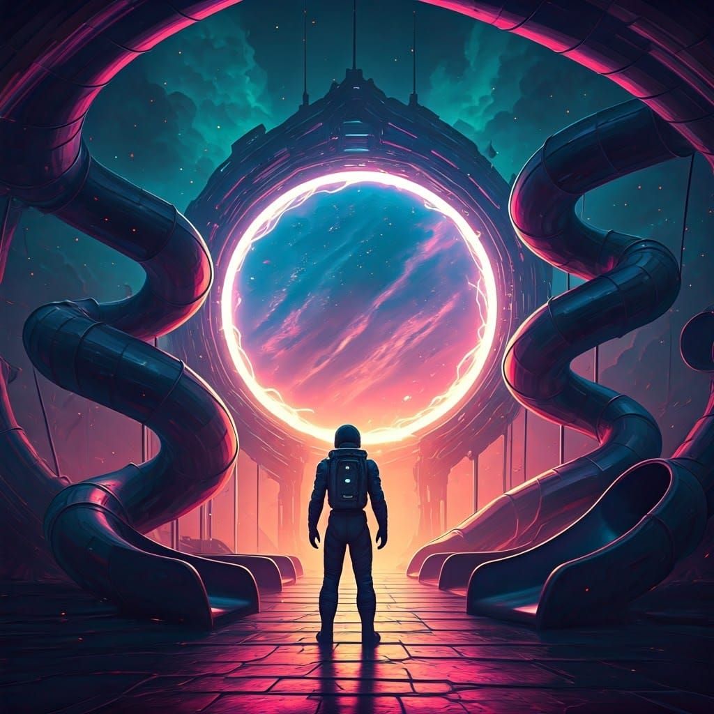 Spaceman in Surreal Playground: Dreamlike Sci-Fi Art