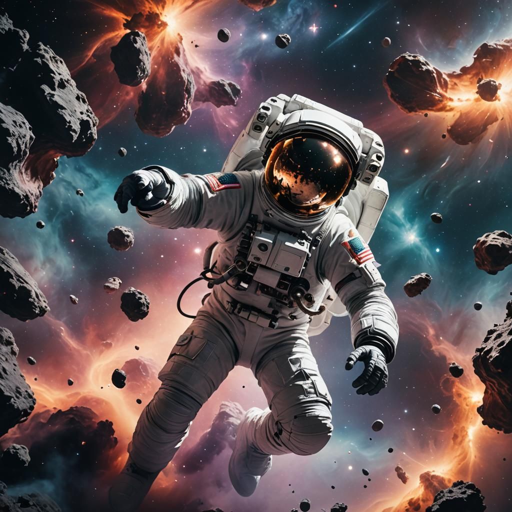 Astronaut Surrounded by Nebulae in Space