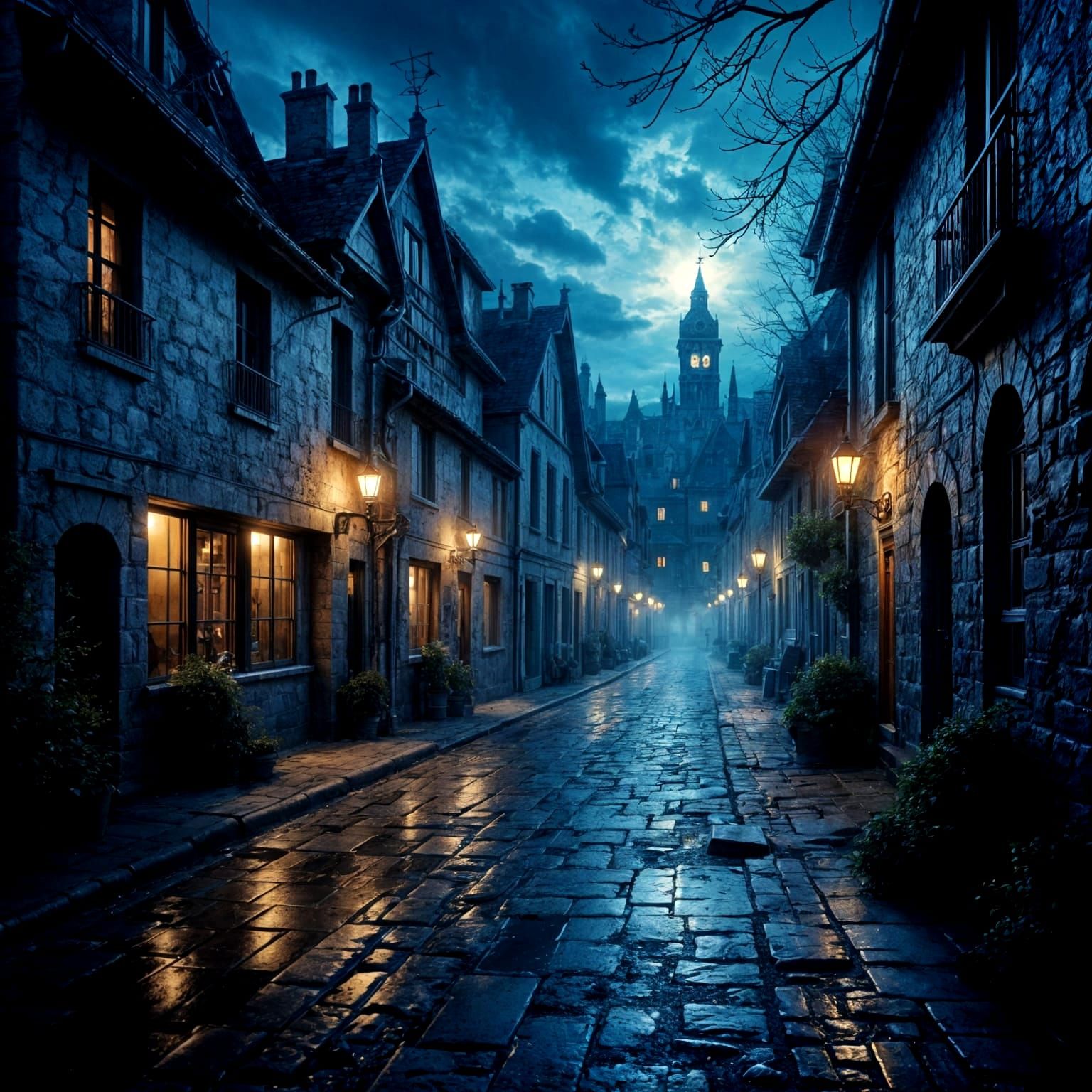 Crépuscule sombre dans une petite ville médiévale