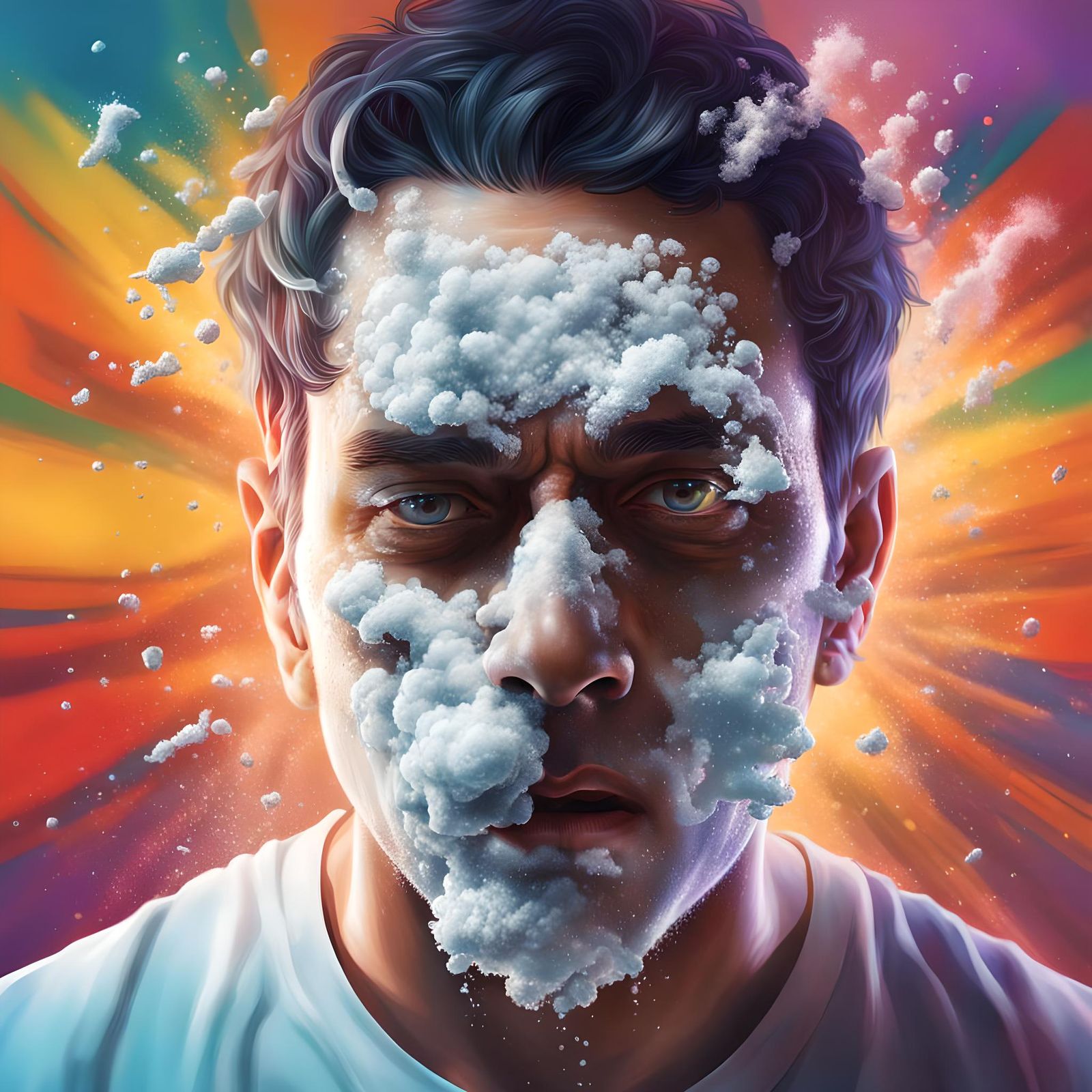 Hyperrealistic Biohacker Sniffing White Powder Splash Art