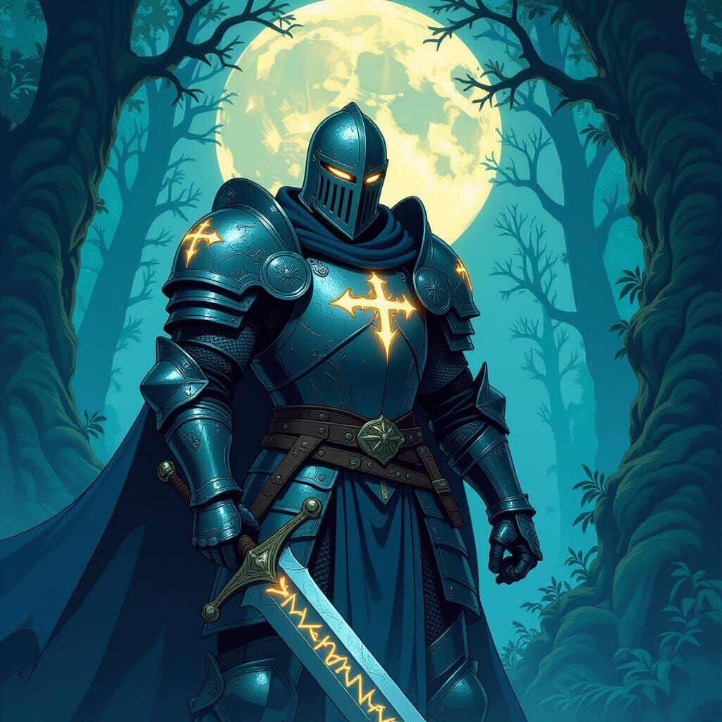 Knight in Mystical Forest: Comic Book Art