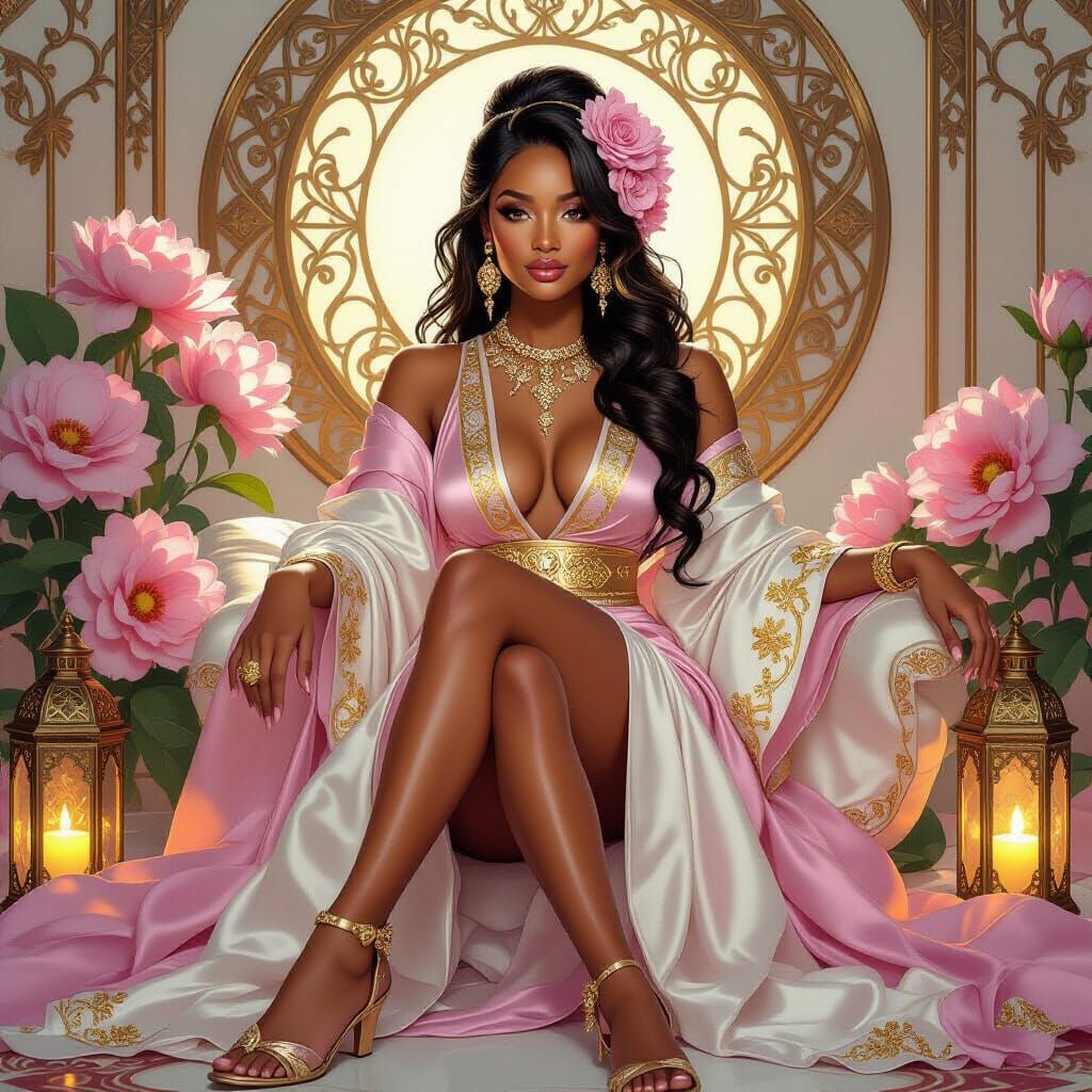 Ethereal Portrait of Woman in Silk, Alphonse Mucha Style