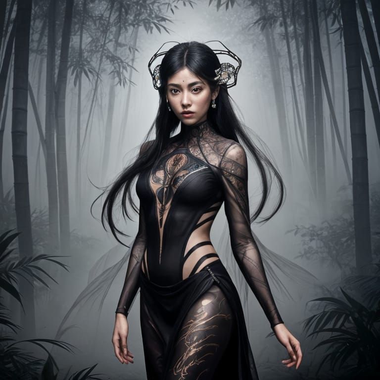 Mystical Spider-Woman in Bamboo Forest