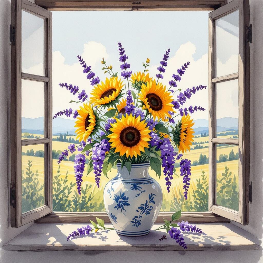 Sumi-e Still Life: Sunflowers, Lavender, Wisteria in Tuscan ...
