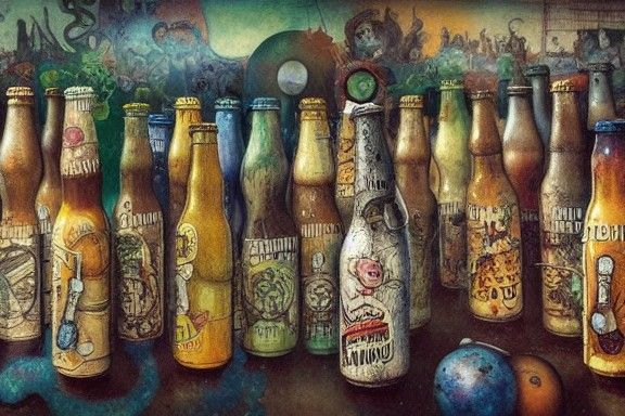 Surreal Beer Bottle People in Mixed Media Style