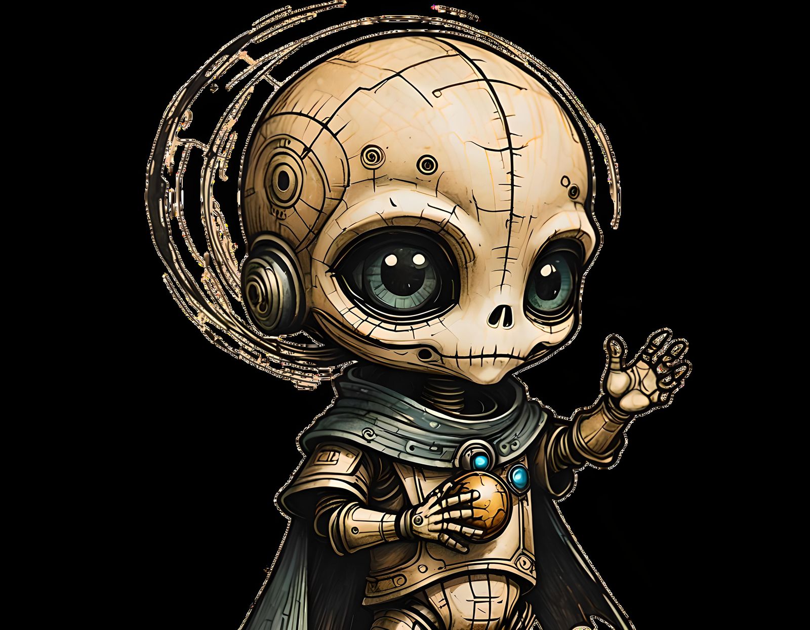Chibi Alien with Doll on Papyrus, Ancient Art