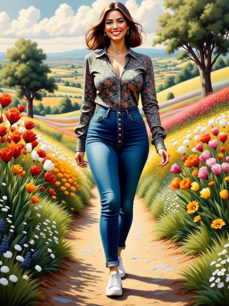Woman in Floral Blouse Walking in English Landscape
