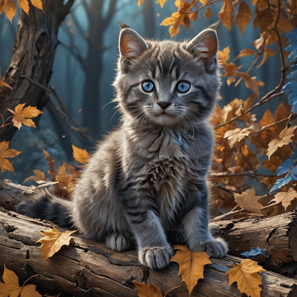 Hyper-Realistic Kitten in Autumn Landscape