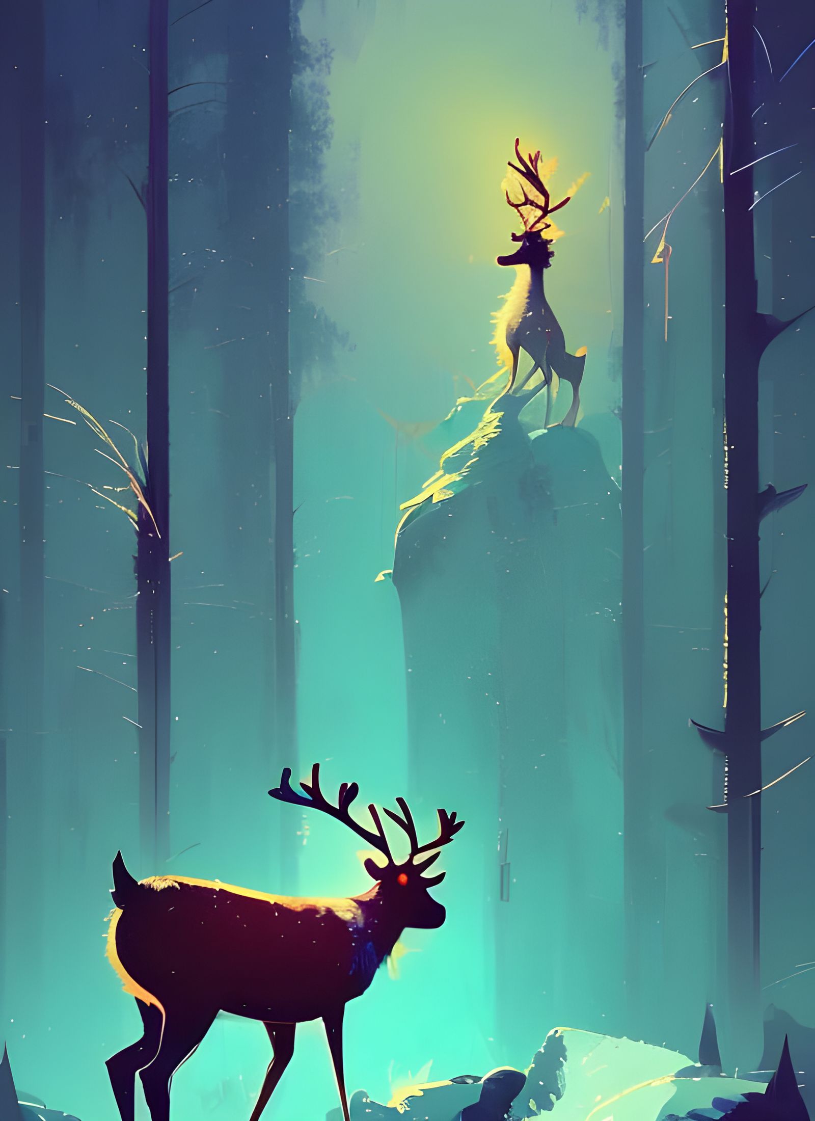 Elemental Reindeer Spirits in Composite Art Style