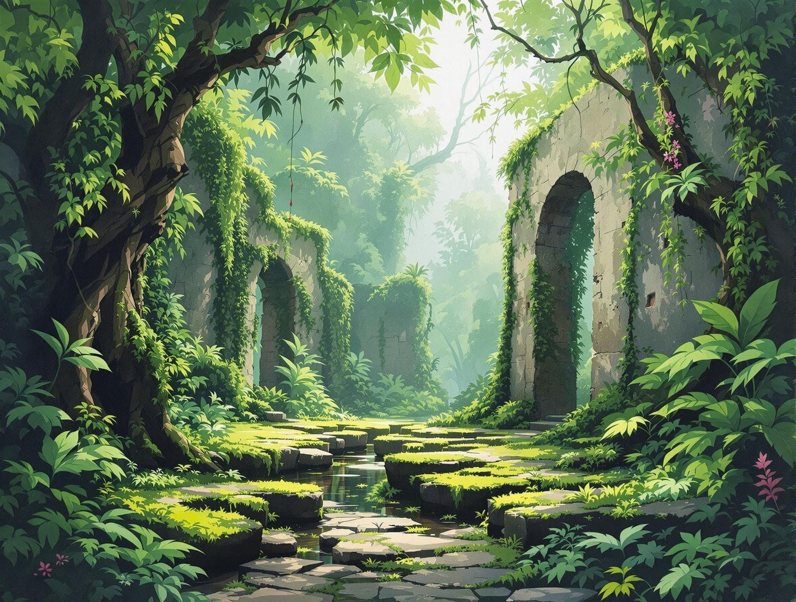 Anime Jungle Ruins Scene in Vibrant Gouache