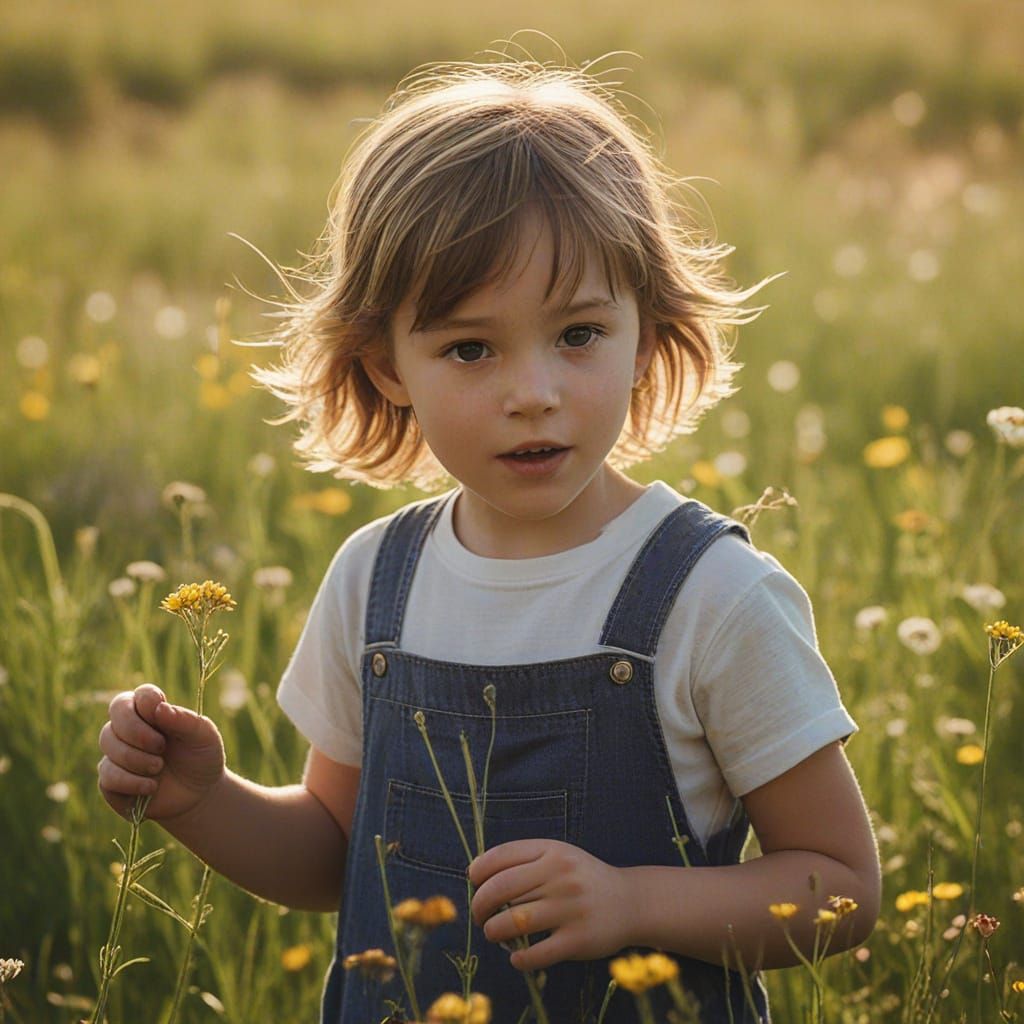 Child in Sunlit Meadow: Hyperrealistic Impressionism