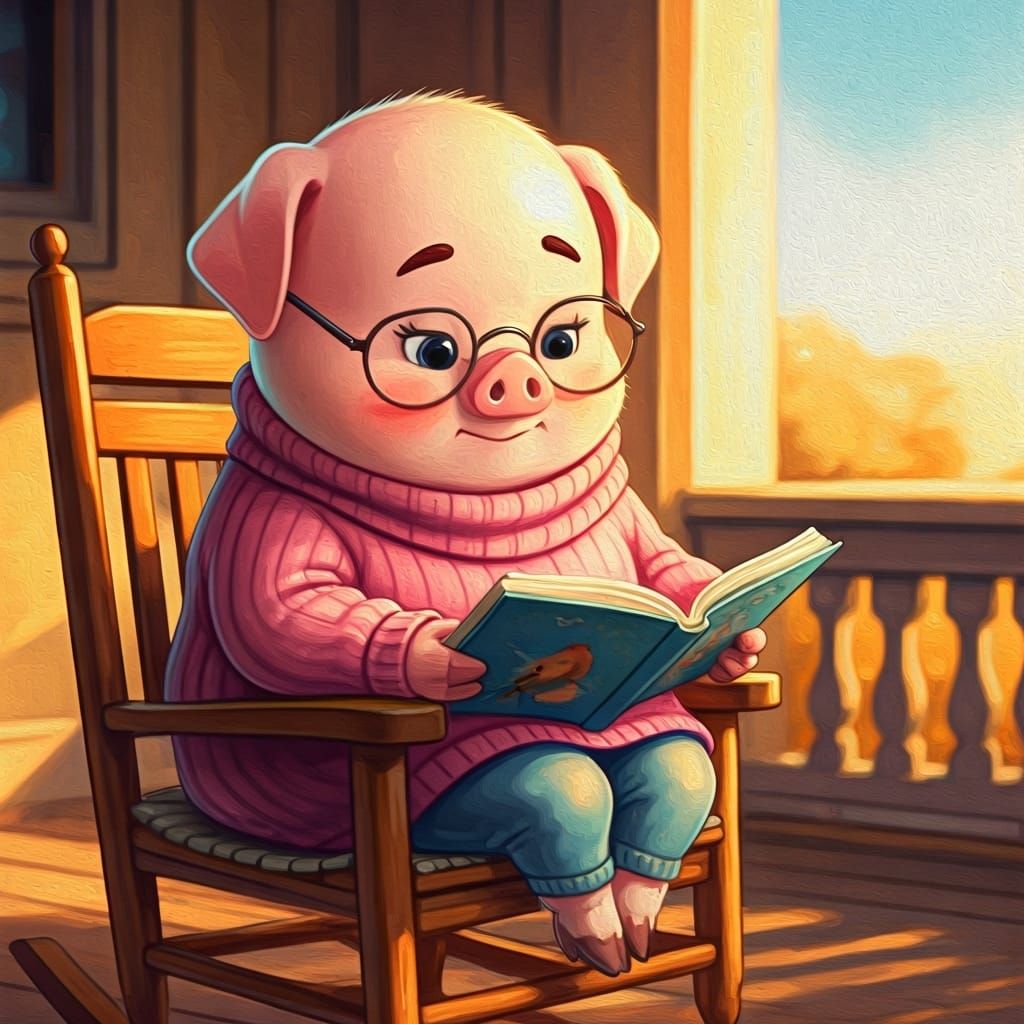 Chibi Pig Reads Bird Book: Watercolor Animation Style