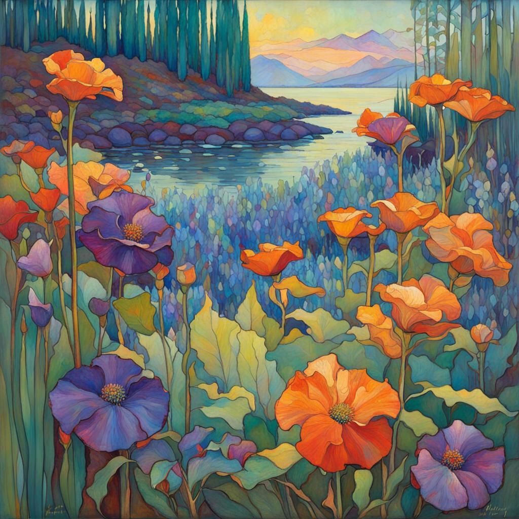 Floral Landscape in Style of Tiffany and Hanson