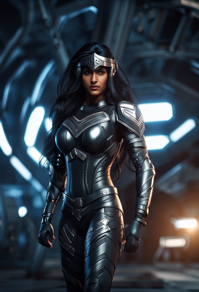 Indian Teenage Superheroine in Tactical Armor on Rooftop