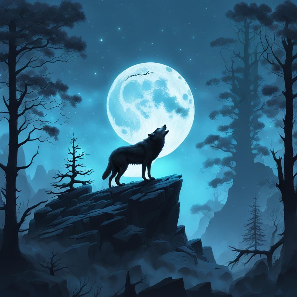 Wolf Howling at Moon in Mystic Forest
