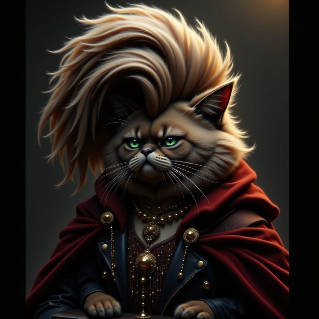 Fluffy Cat with Voluminous Hair in Regal Attire