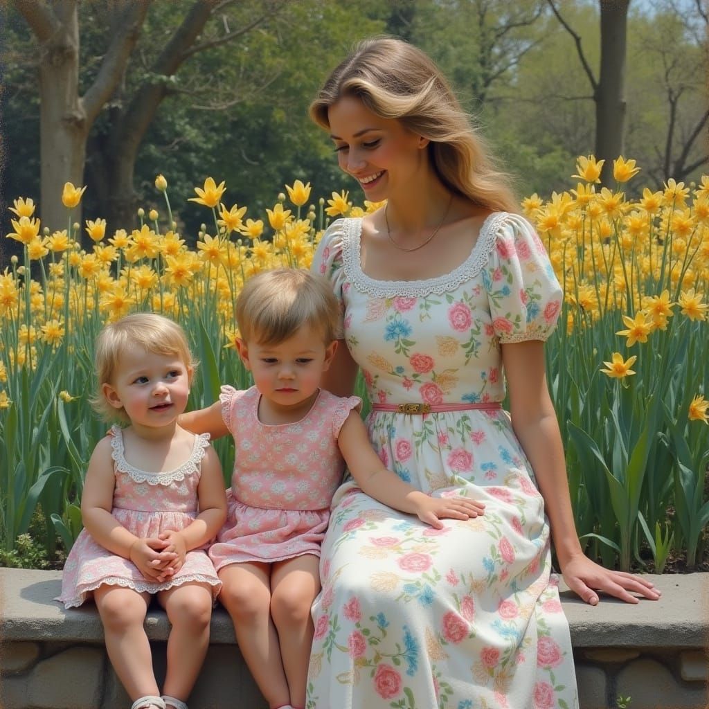 Elegant European Mother Surrounded by Spring Blooms