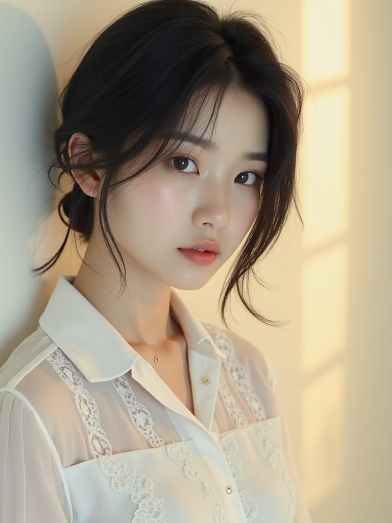 Realistic Portrait of Asian Girl in Lightly Illuminated Room