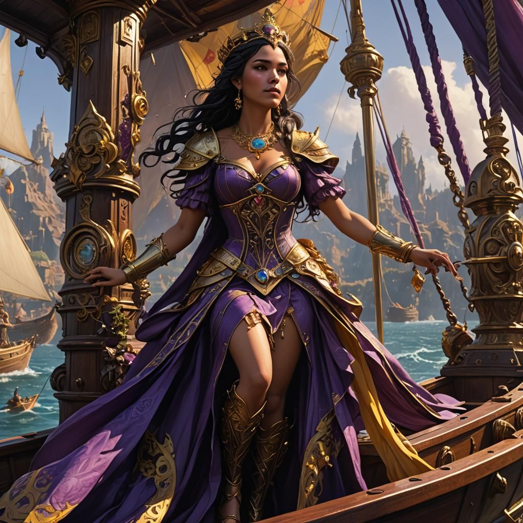 Latina Princess on a Boat in Dark Fantasy Style