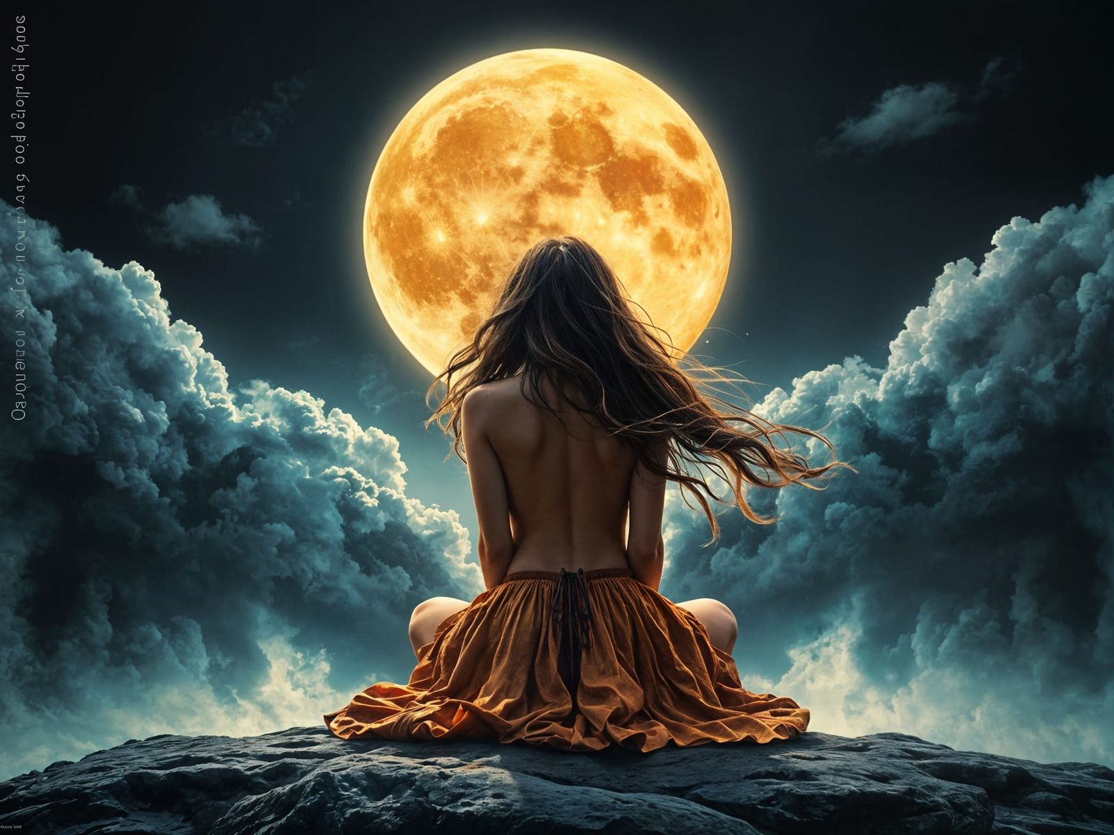 Moonlit Silhouette: Bohemian Woman in Stormy Landscape