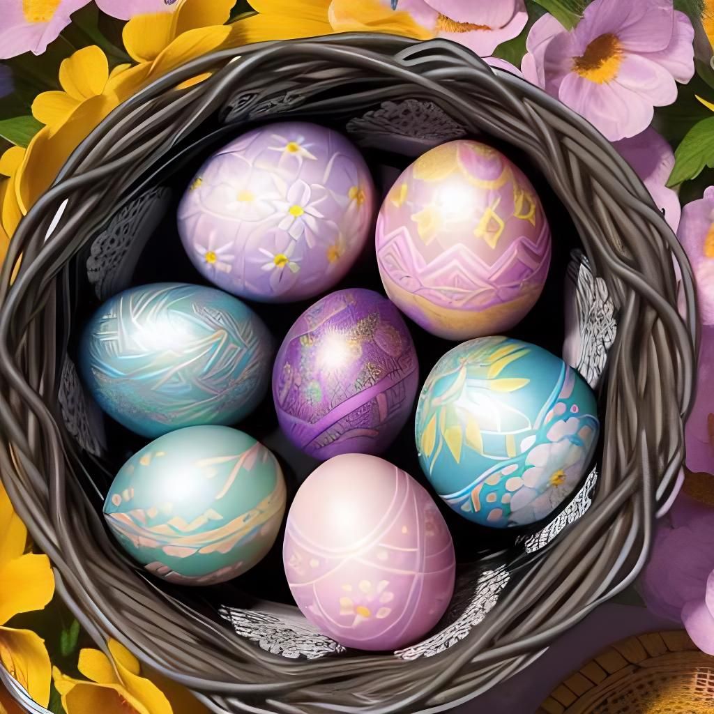 Intricate Easter Eggs in Basket, Digital Illustration