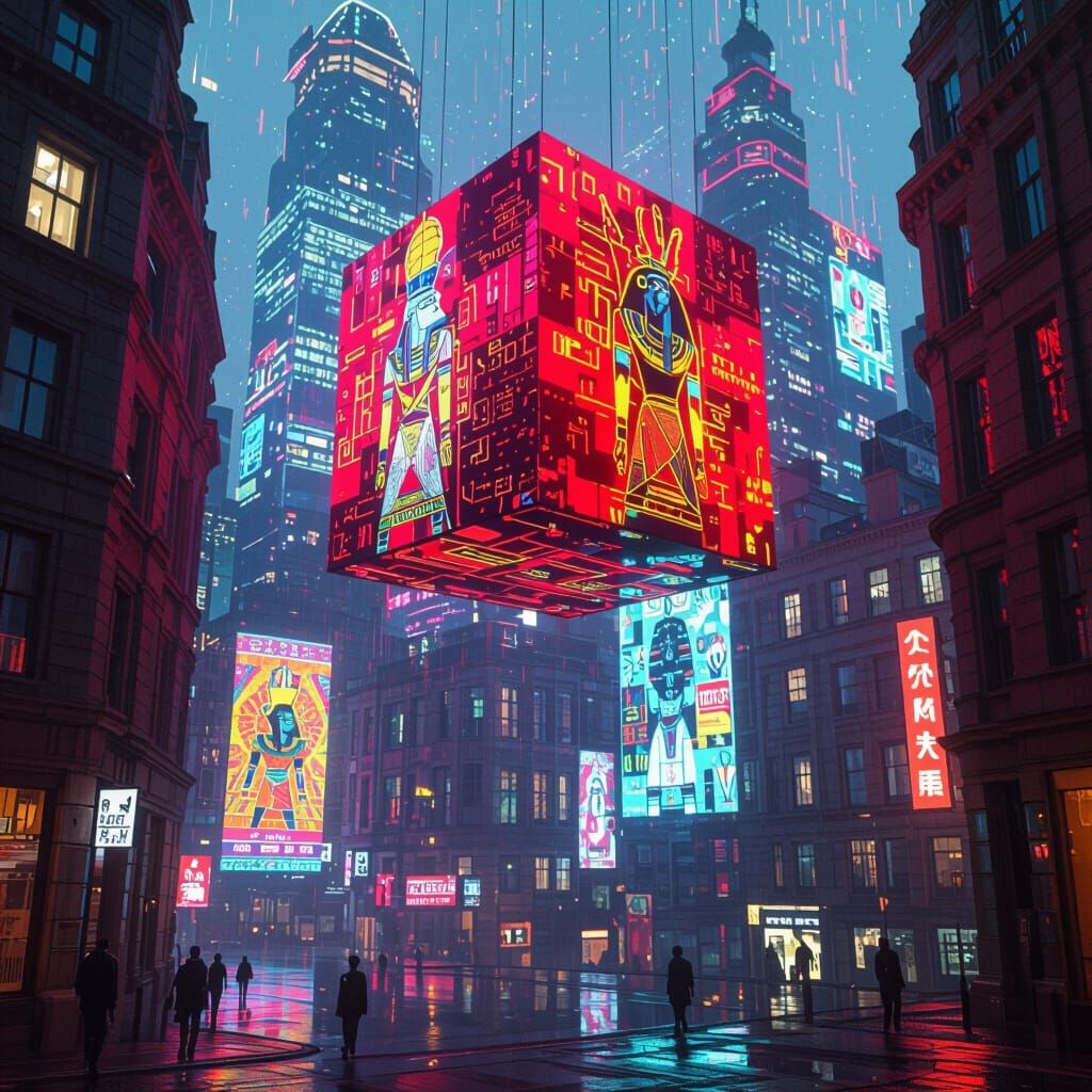Crimson Cube Over Cyberpunk London in Syd Mead Style