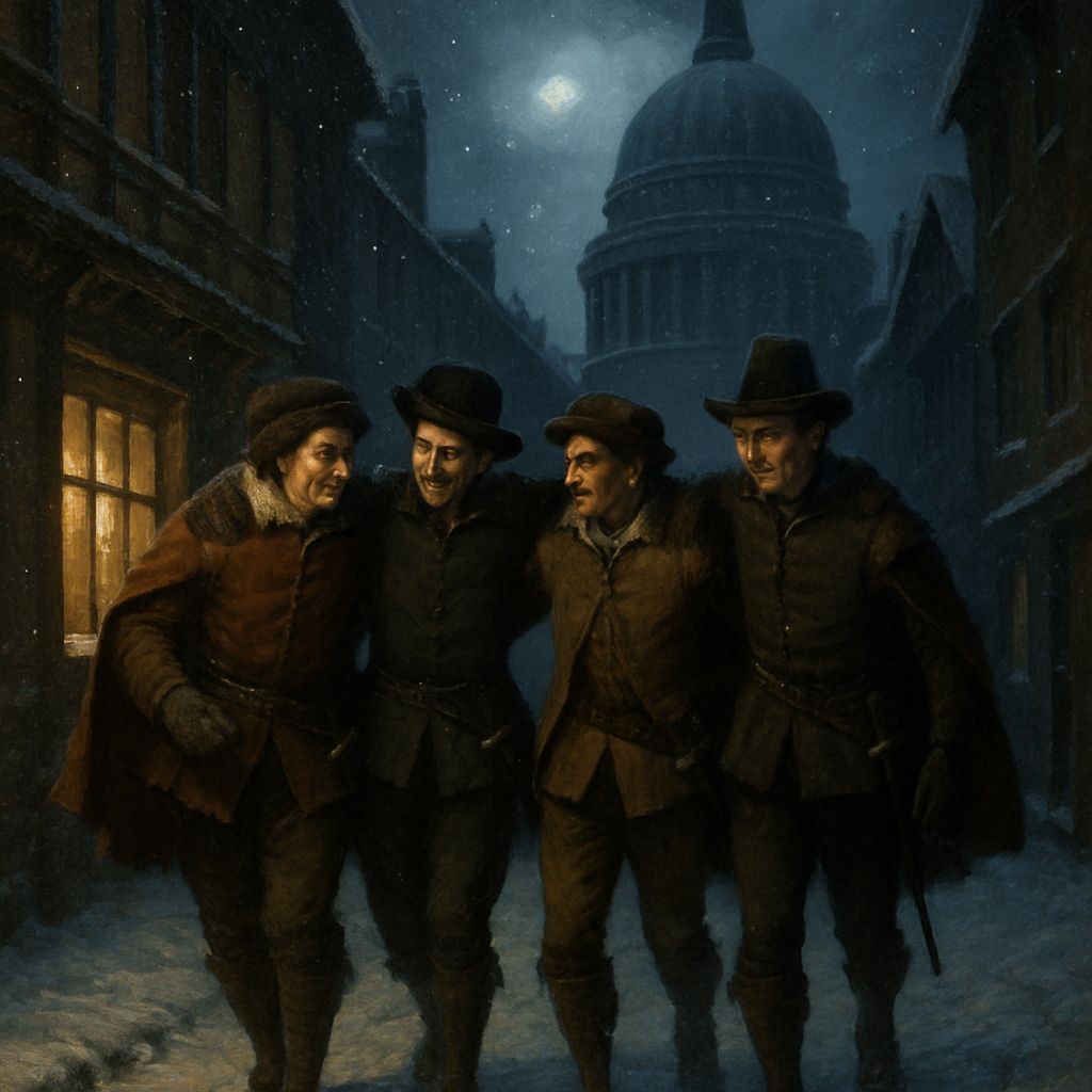 Tudor Gentlemen Stumble Down Snowy London Street