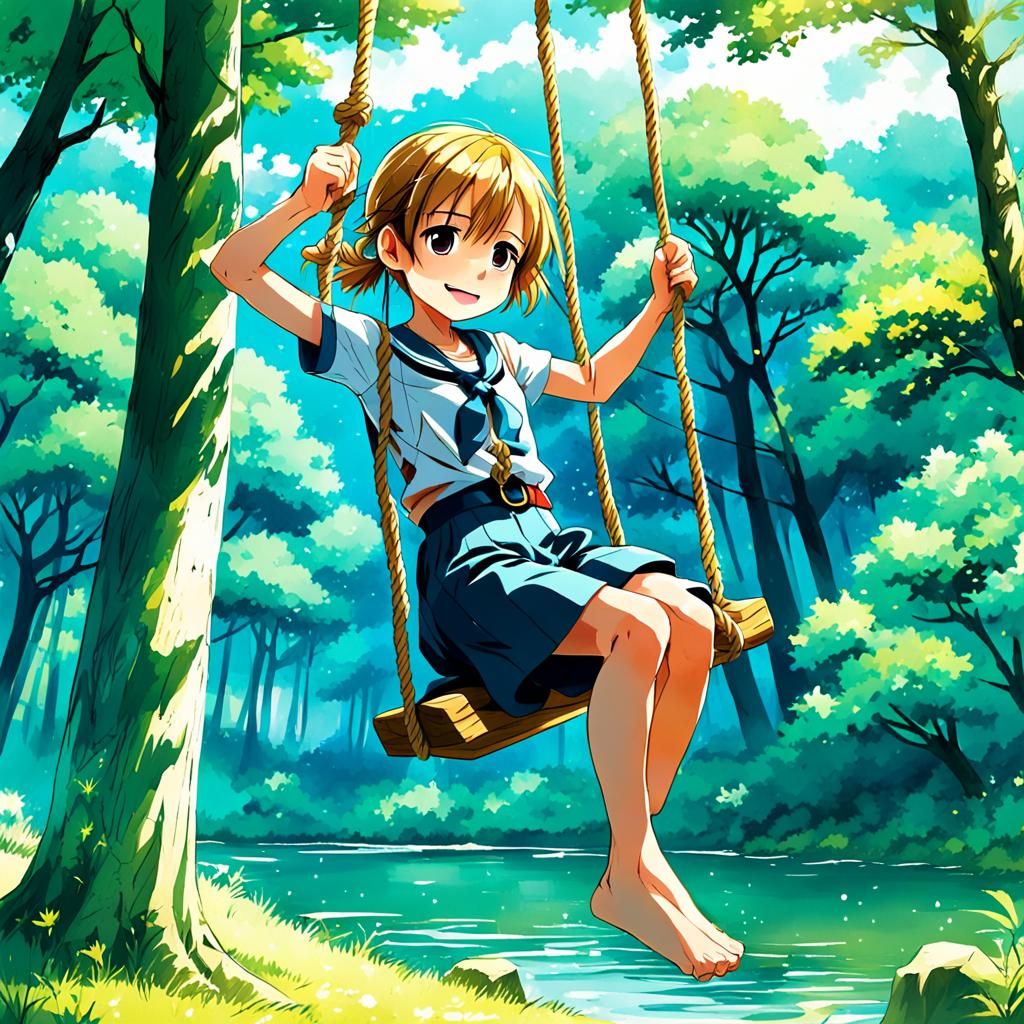 Girl on a Rope Swing in Anime Style