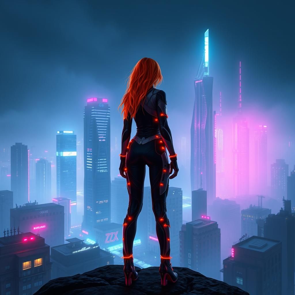Cyberpunk Adventurer in Neon Cityscape