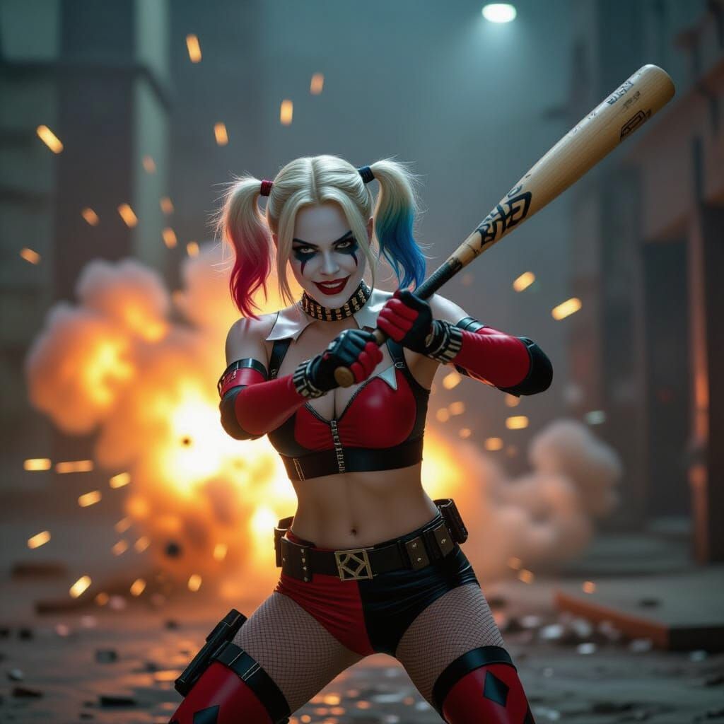 Harley Quinn Bat Swing in Cinematic Explosion