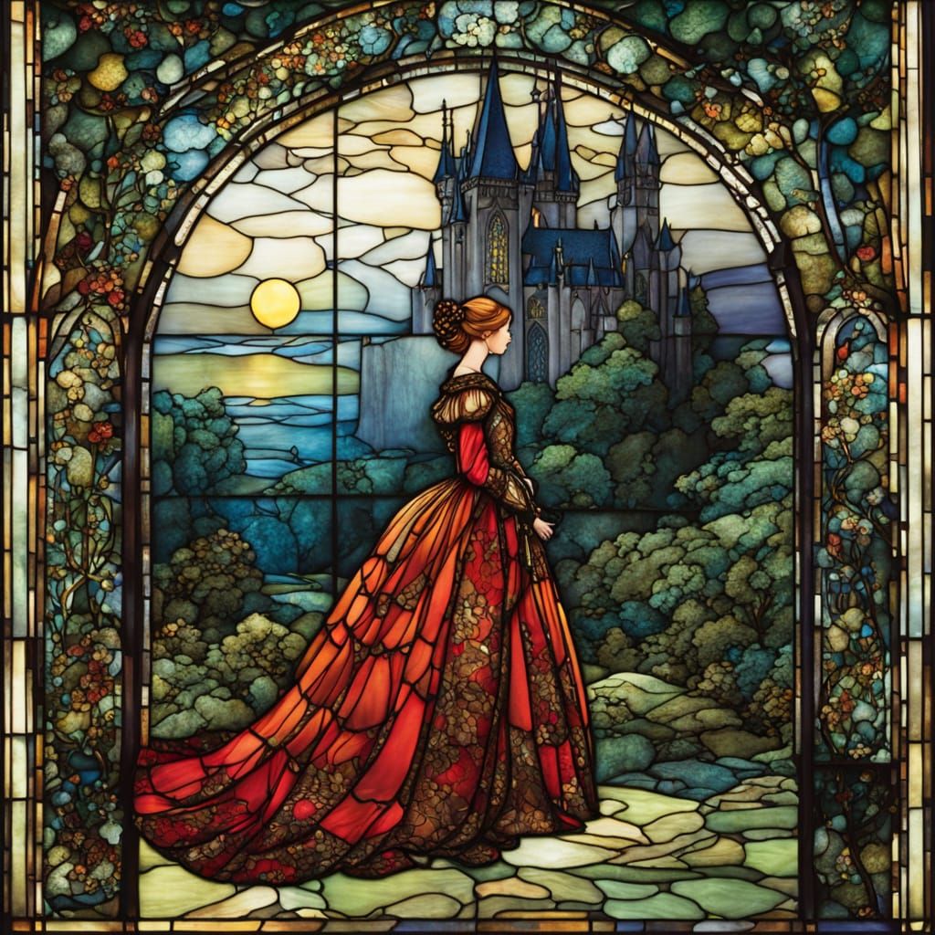 Fairytale Stained Glass Window With Woman in Ball Gown