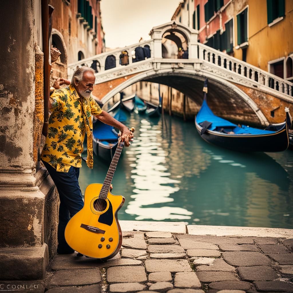 Venice Street Scene with Guitarist in Hawaiian Shirt