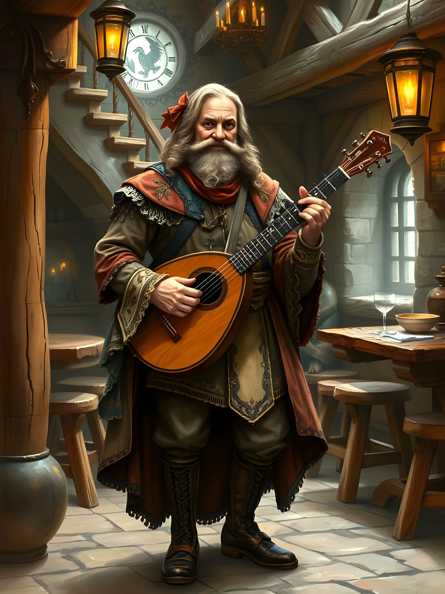 Medieval Minstrel in Ornate Clothing with Lute