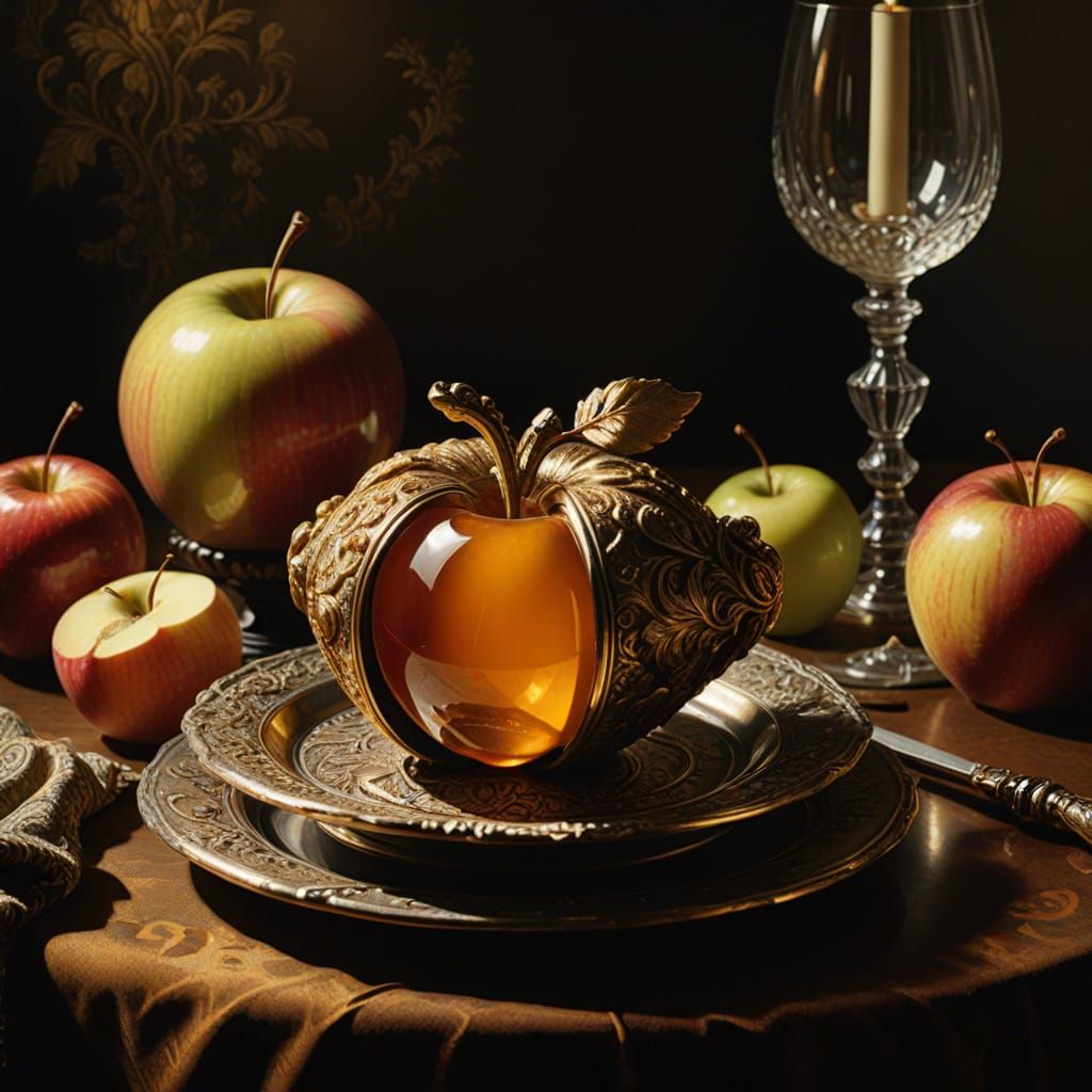 Golden Amber Apple in Luxurious Baroque Still Life