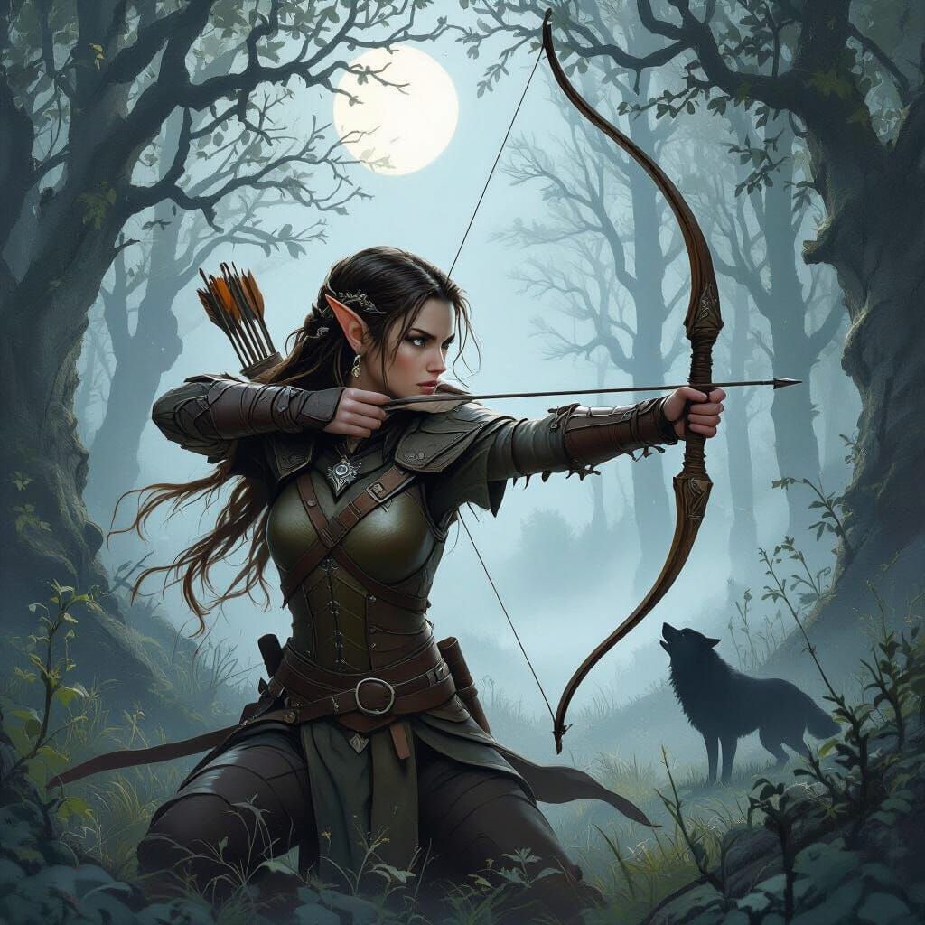 Sfumato. Medium shot. A beautiful wood elf hunts in a moonli...