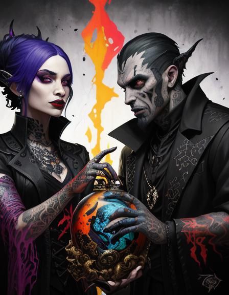 Tattooed Demon Vampire Magician Couple in Graffiti Art Style