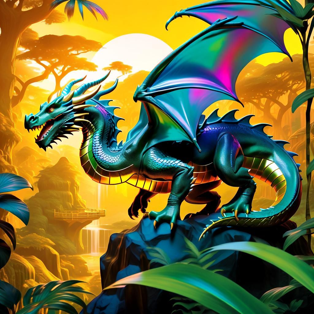 Holographic Dragon Soaring Through Jungle at Golden Hour
