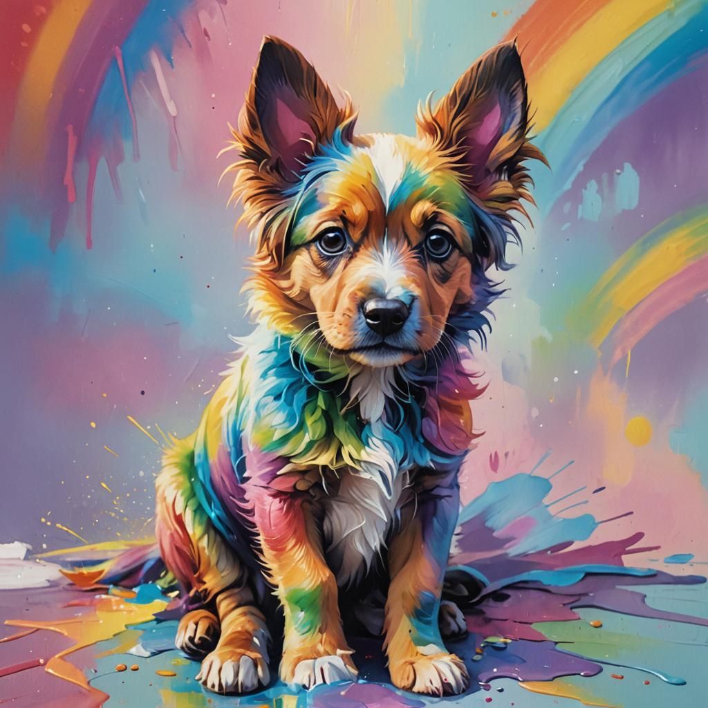 Rainbow Puppy: Vibrant Oil Painting Concept Art