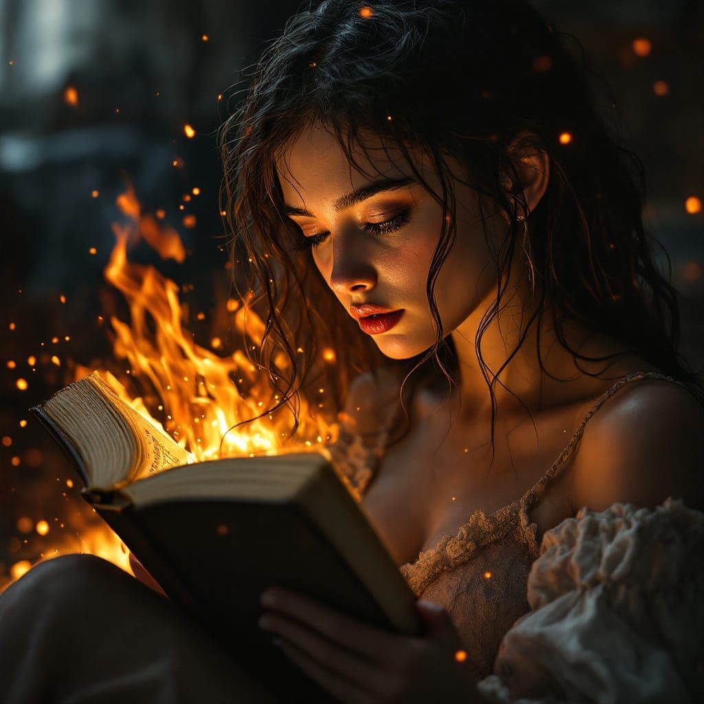 Girl with Fiery Eyes Reading by Firelight