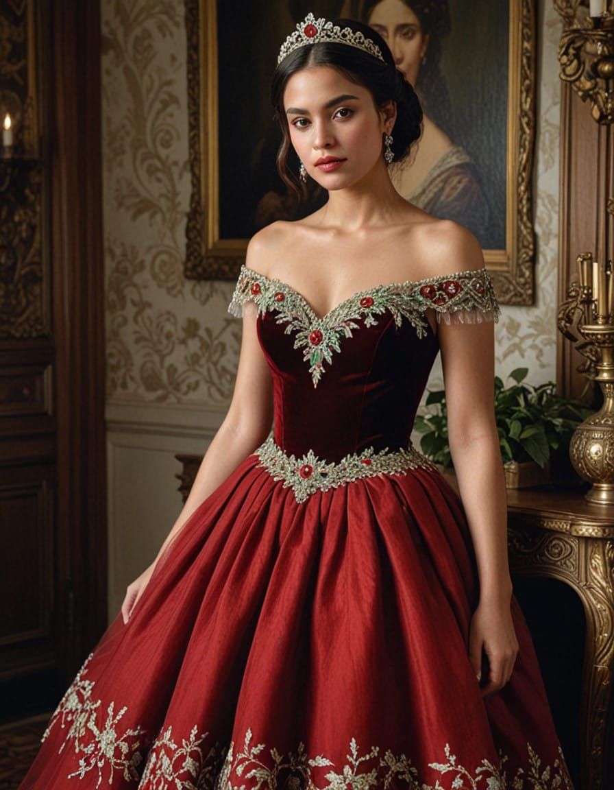 A Young Mexican Woman in a Crimson Velvet Christmas Dress