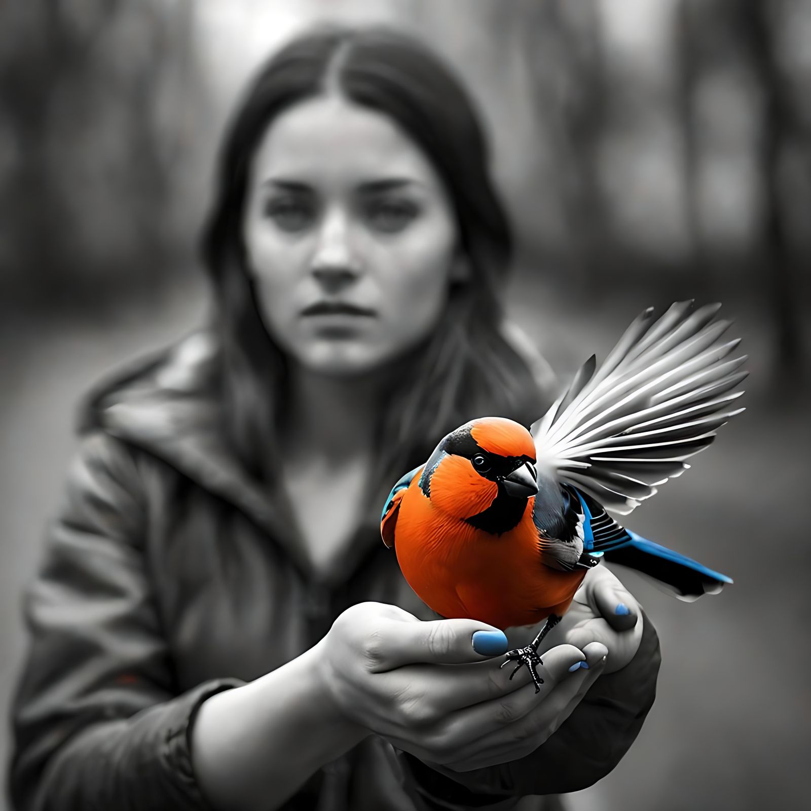 Woman Holding Bullfinch Bird in Black and White Photo