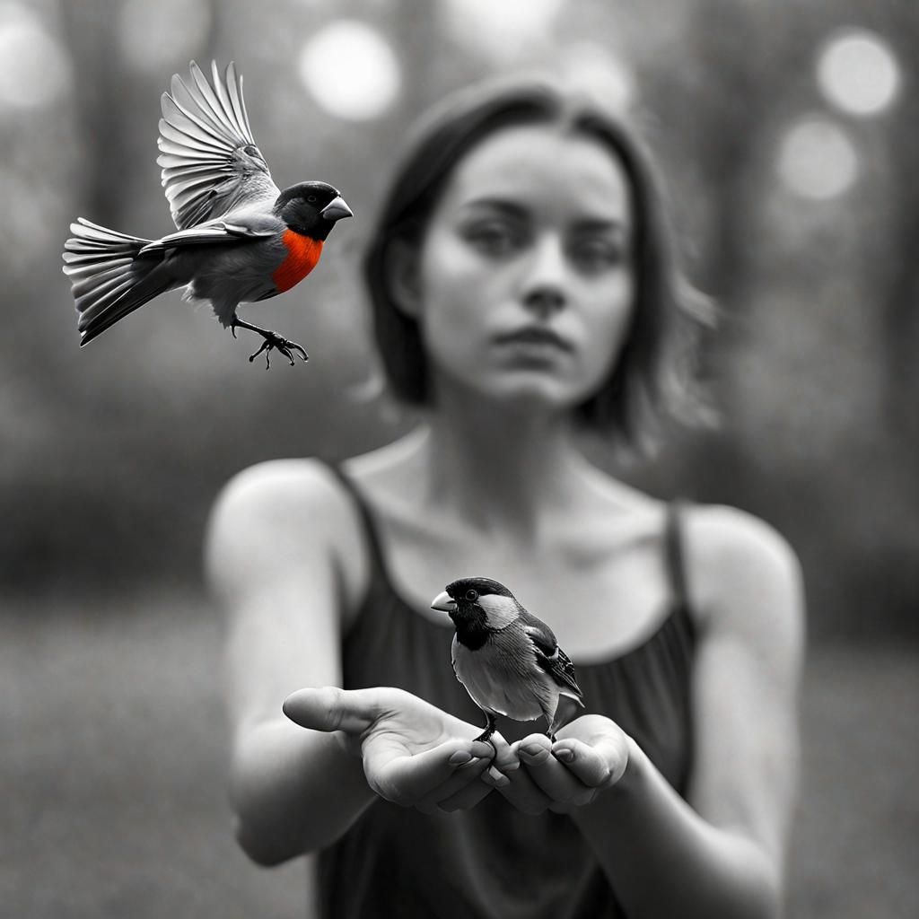 Surreal Bullfinch: A Black and White Bird Portrait