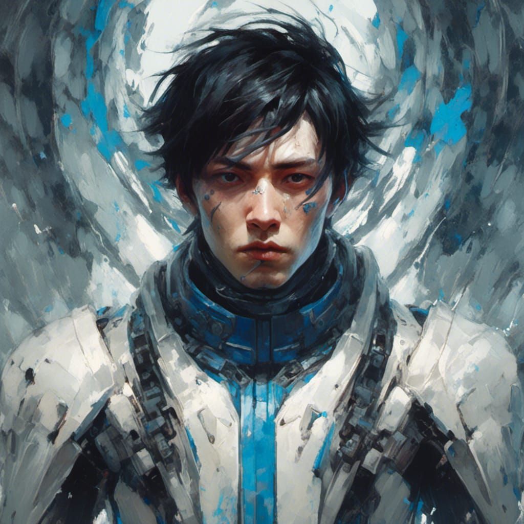 Korean Man Fused with Blue Energy, Hyperdetailed Art