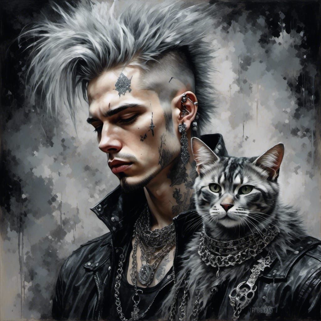 Man with Cat in Silver Watercolor Style