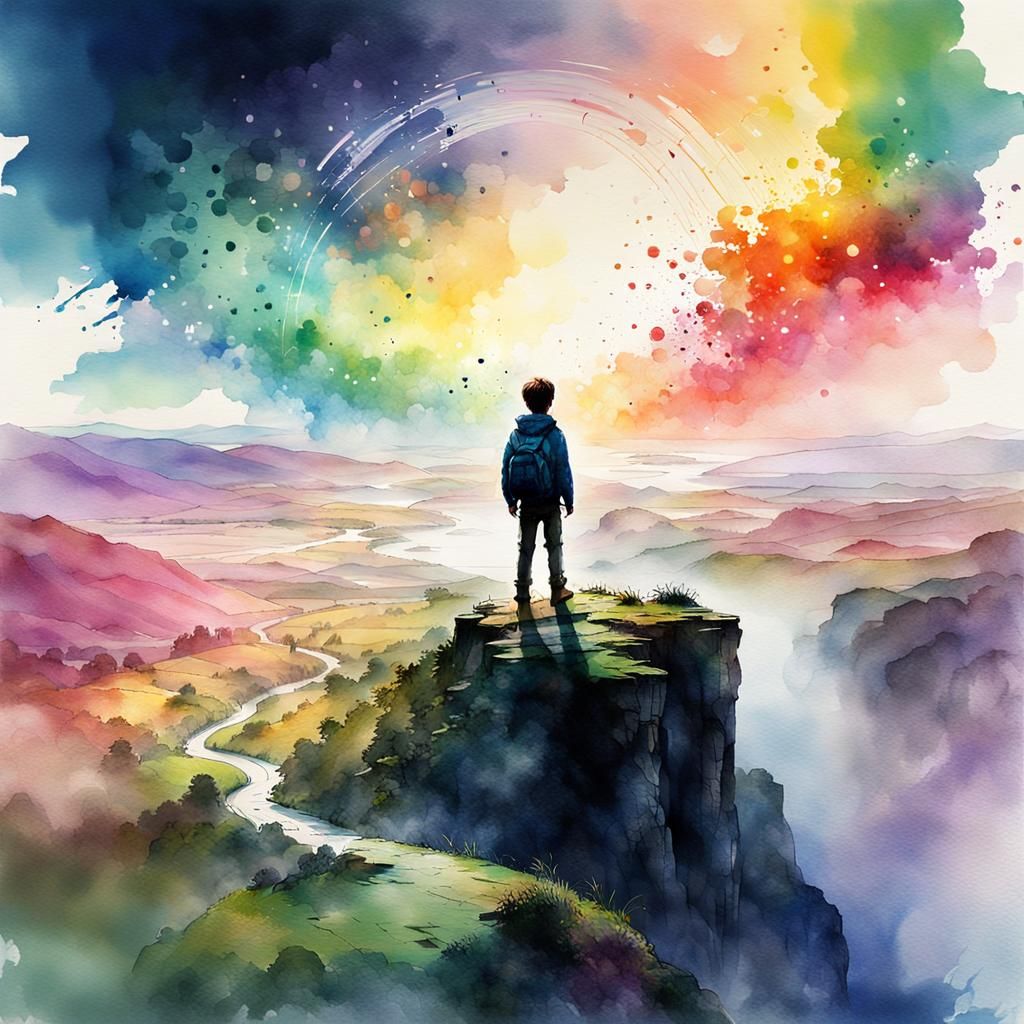 Watercolor Landscape with Rainbow and Boy Silhouette