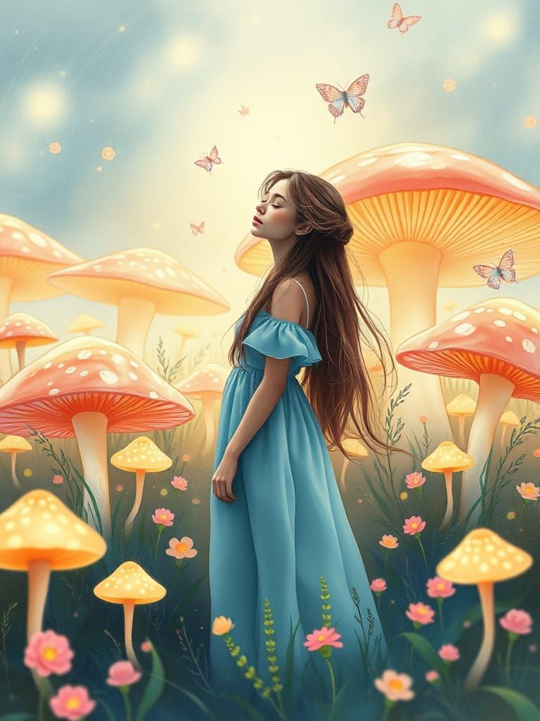 Woman in Glowing Mushroom Field: Watercolor Art
